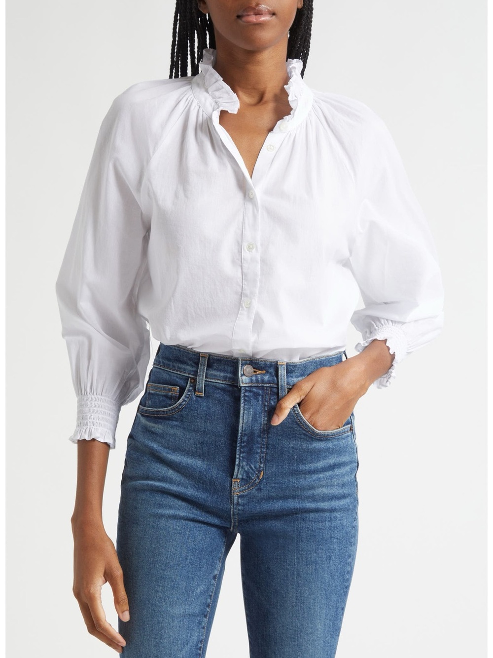 Veronica Beard Calisto Ruffle Collar Cotton Button-Up Shirt White XS